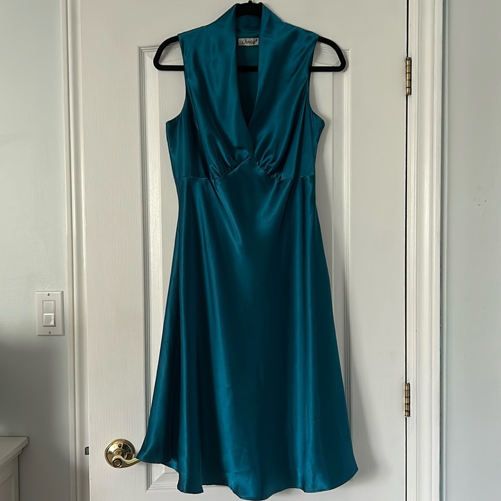 Vintage Teal Satin Fit & Flare Midi Dress Petite M